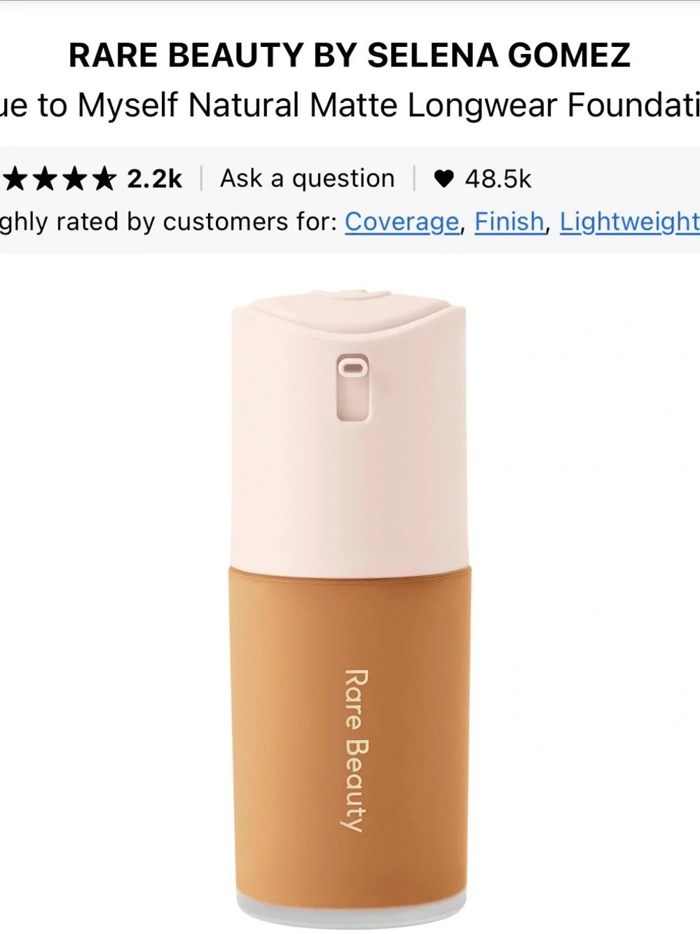 Rare Beauty True to Myself Natural Matte Longwear Foundation